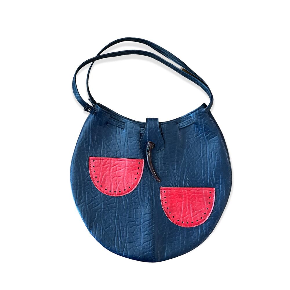Vintage Navy Blue Vinyl Bag Red Watermelon Slice Pockets